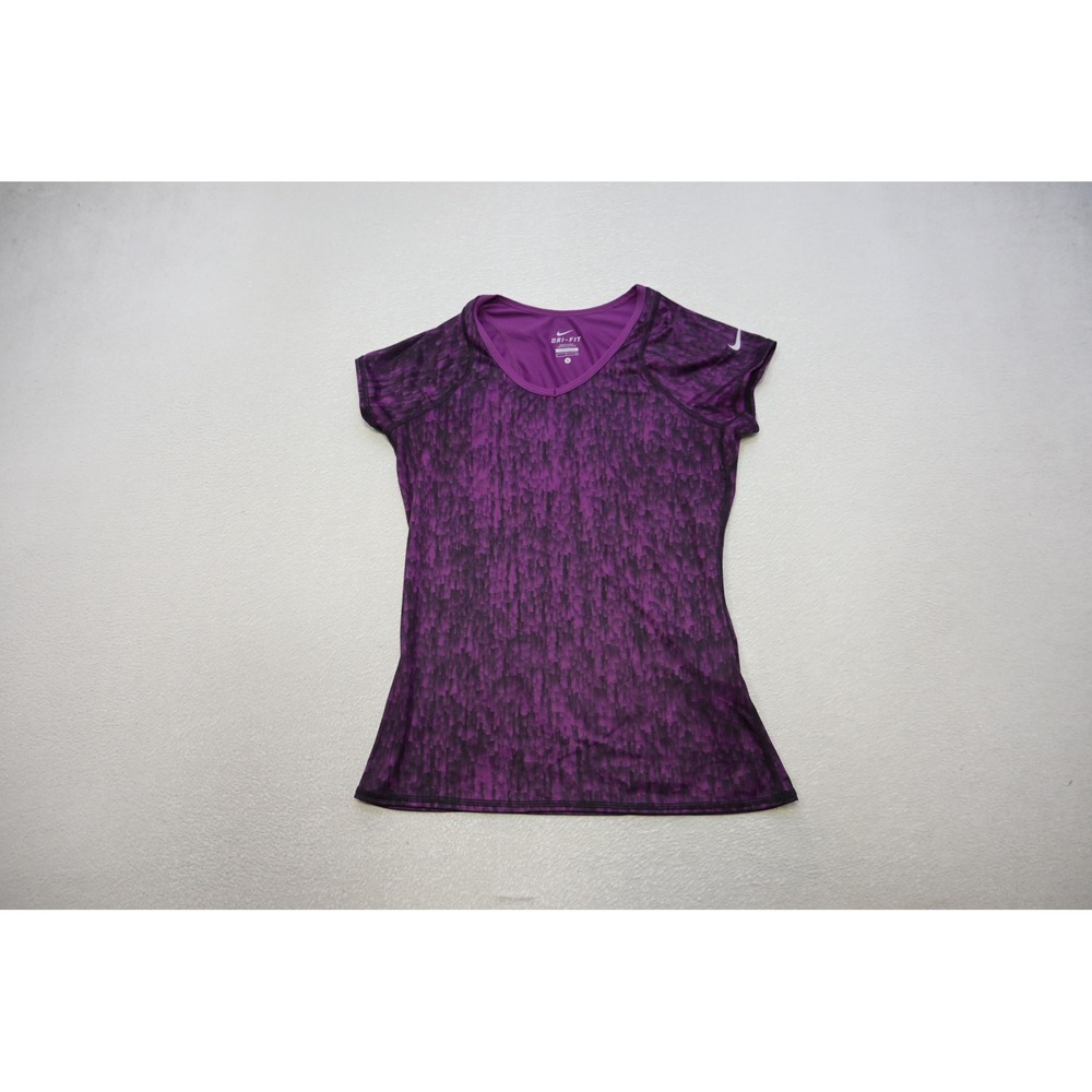 Nike Dri-FIT V-Neck Athletic Top Womens Small Purple Black Glitch Shirt